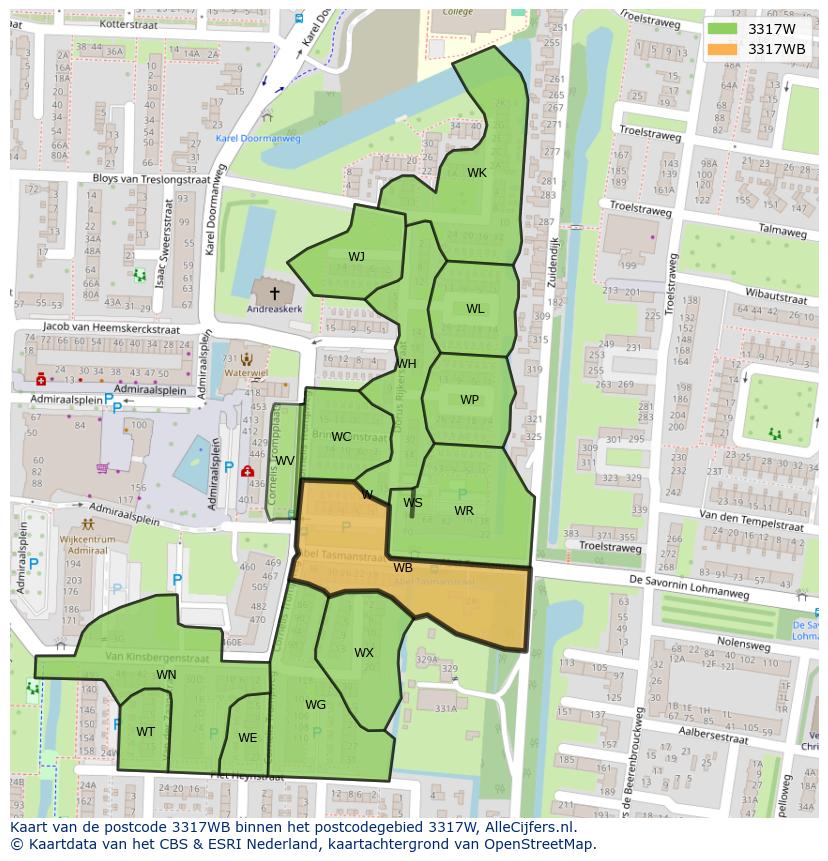 Afbeelding van het postcodegebied 3317 WB op de kaart.