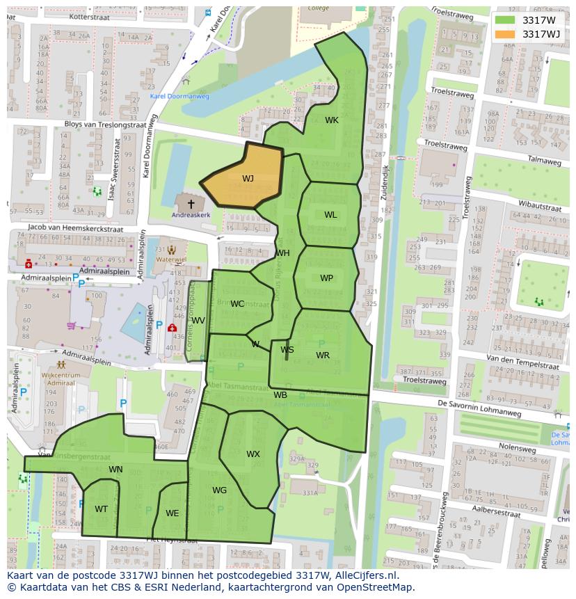 Afbeelding van het postcodegebied 3317 WJ op de kaart.