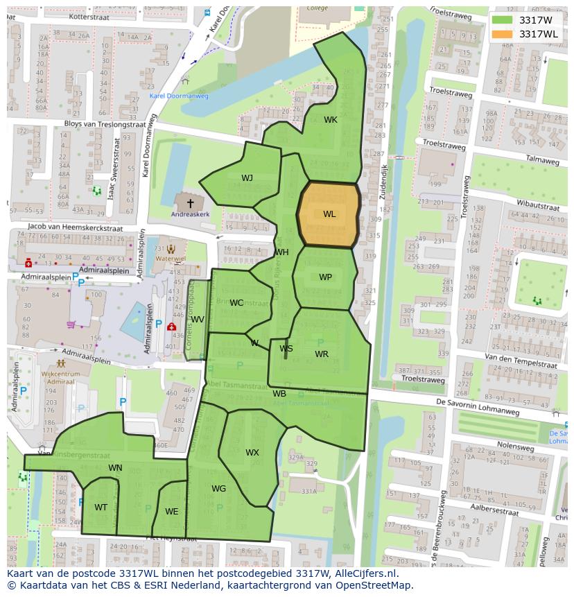 Afbeelding van het postcodegebied 3317 WL op de kaart.