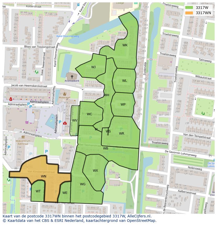 Afbeelding van het postcodegebied 3317 WN op de kaart.