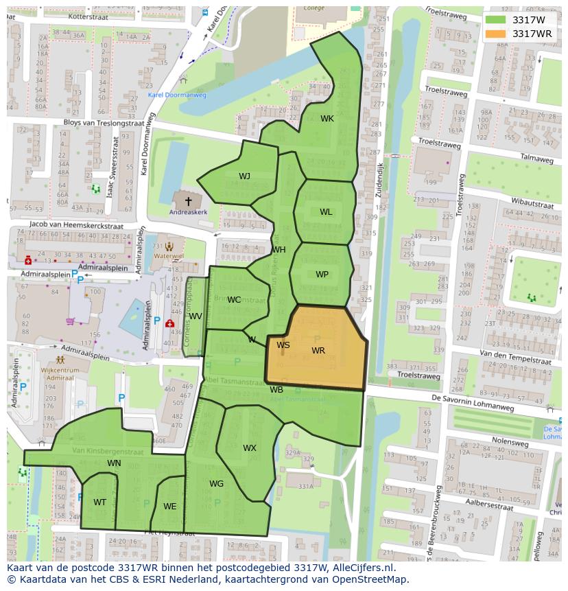 Afbeelding van het postcodegebied 3317 WR op de kaart.