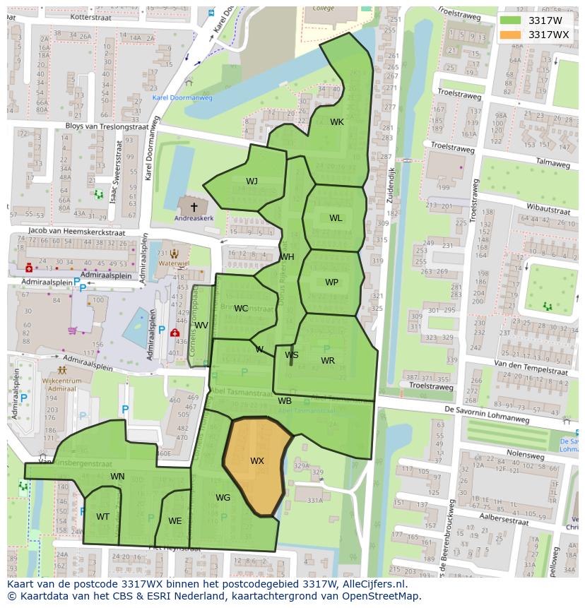 Afbeelding van het postcodegebied 3317 WX op de kaart.