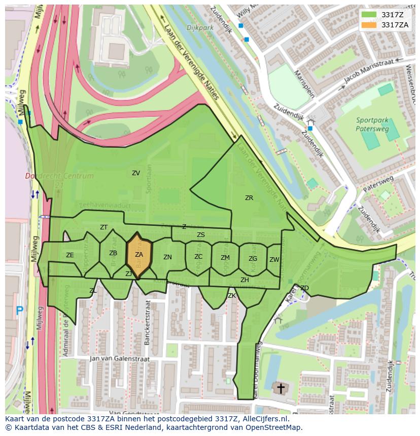 Afbeelding van het postcodegebied 3317 ZA op de kaart.