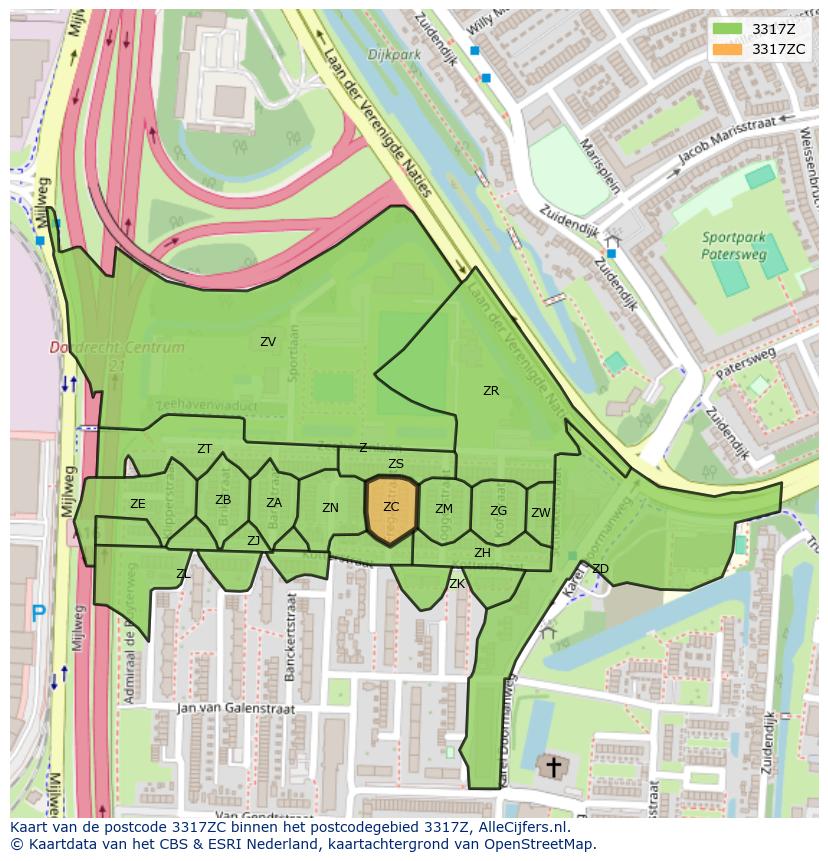 Afbeelding van het postcodegebied 3317 ZC op de kaart.