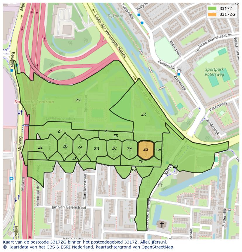 Afbeelding van het postcodegebied 3317 ZG op de kaart.