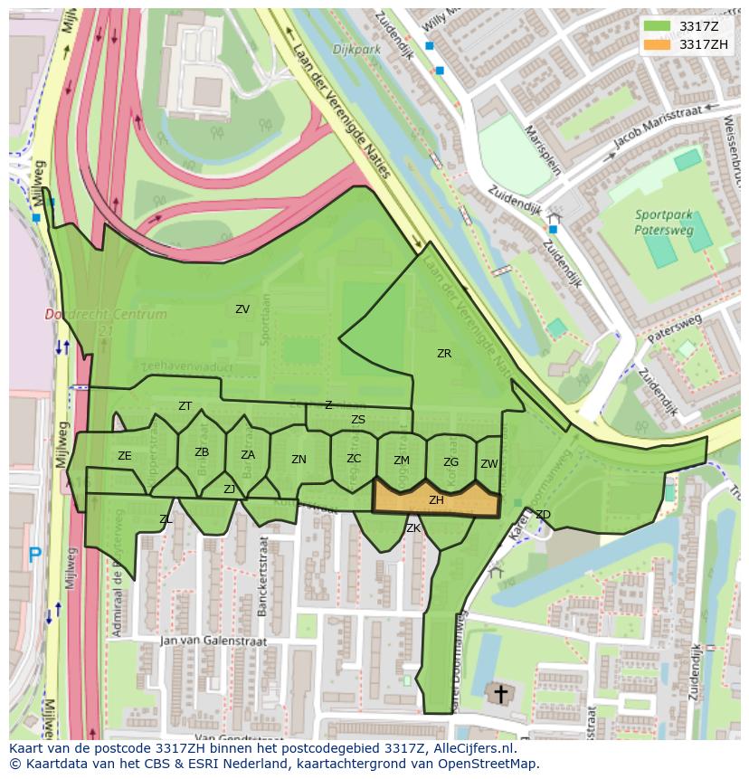 Afbeelding van het postcodegebied 3317 ZH op de kaart.