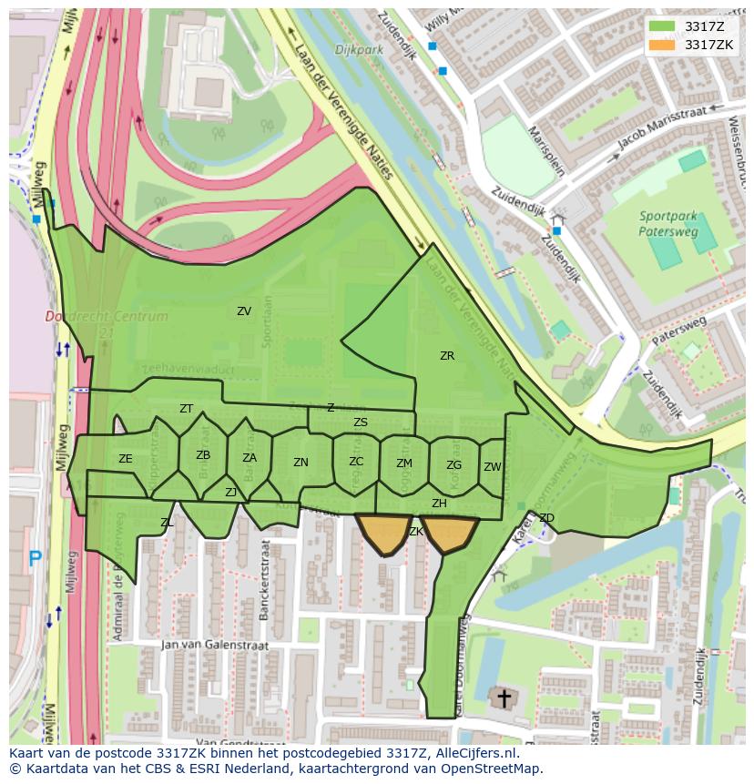 Afbeelding van het postcodegebied 3317 ZK op de kaart.