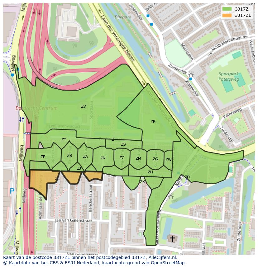 Afbeelding van het postcodegebied 3317 ZL op de kaart.