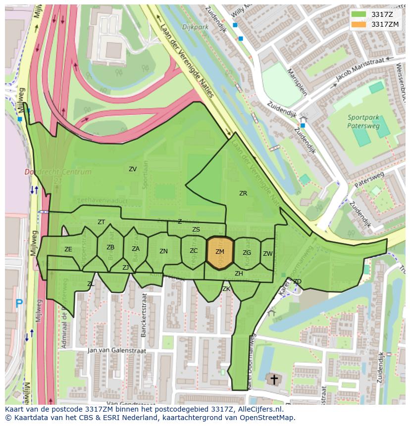 Afbeelding van het postcodegebied 3317 ZM op de kaart.