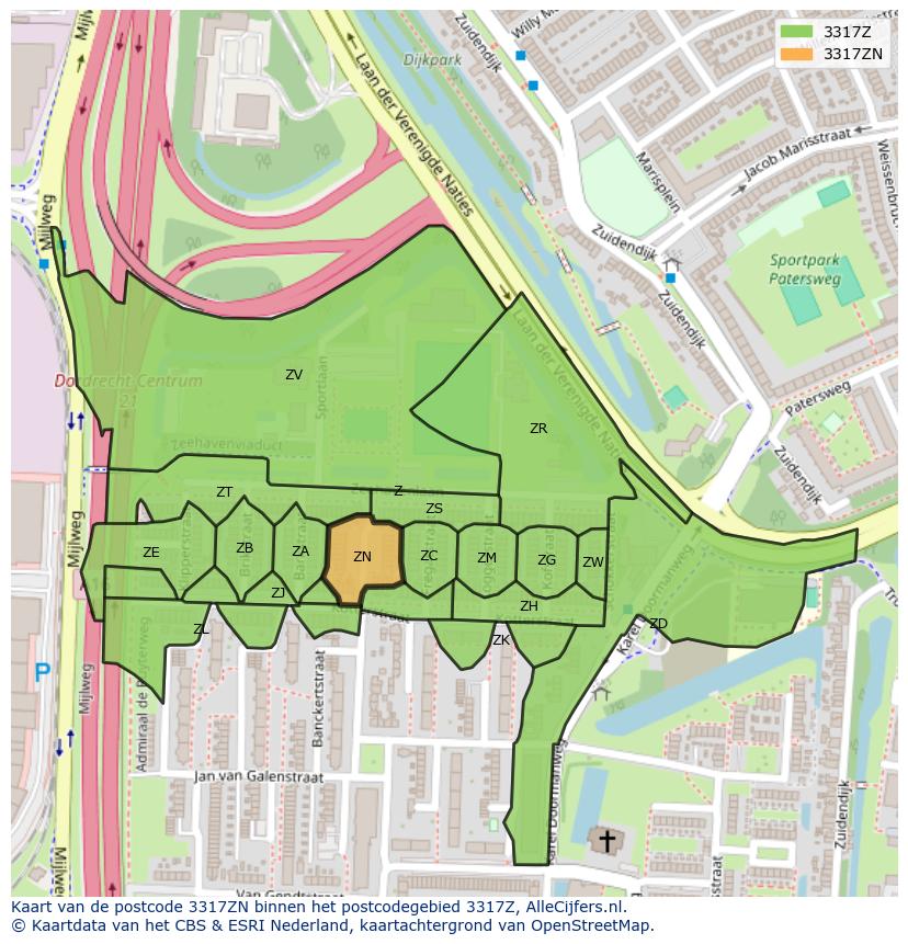 Afbeelding van het postcodegebied 3317 ZN op de kaart.