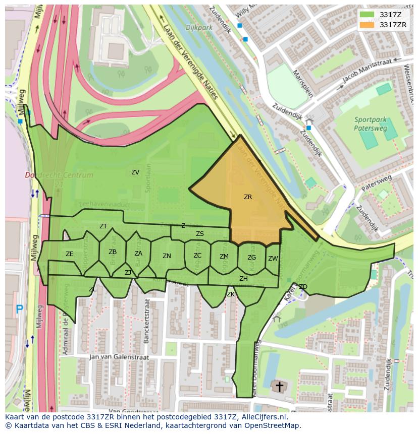 Afbeelding van het postcodegebied 3317 ZR op de kaart.
