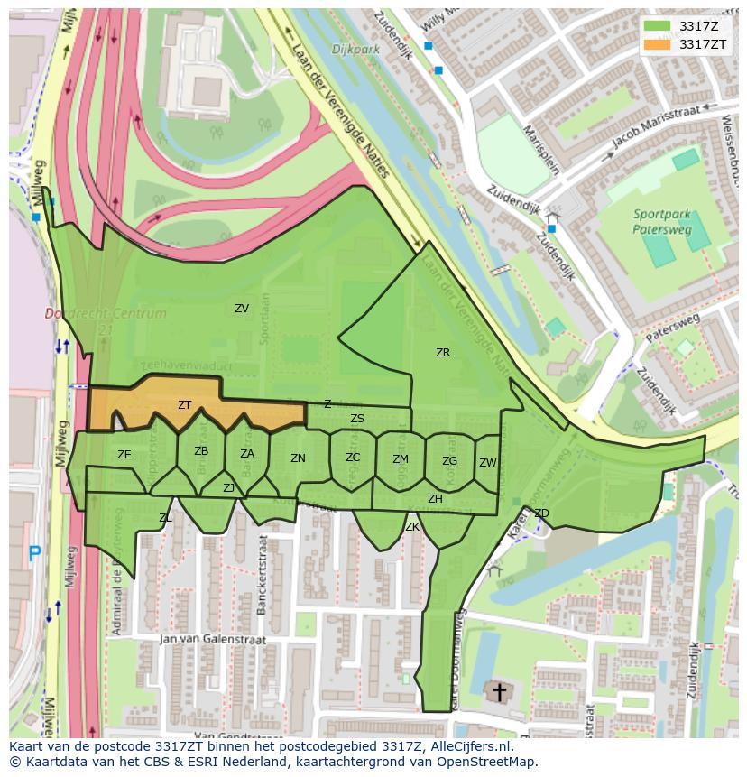 Afbeelding van het postcodegebied 3317 ZT op de kaart.