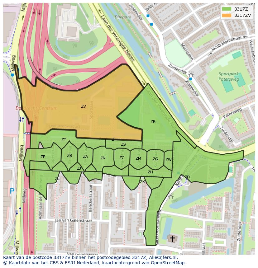 Afbeelding van het postcodegebied 3317 ZV op de kaart.