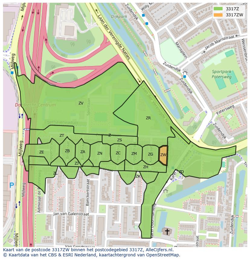 Afbeelding van het postcodegebied 3317 ZW op de kaart.