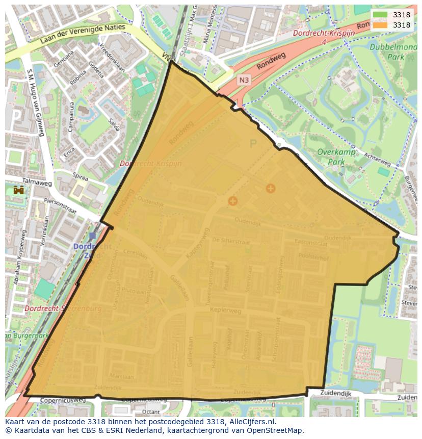 Afbeelding van het postcodegebied 3318 op de kaart.