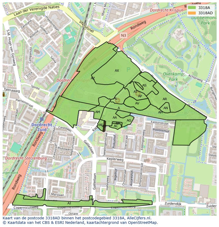 Afbeelding van het postcodegebied 3318 AD op de kaart.