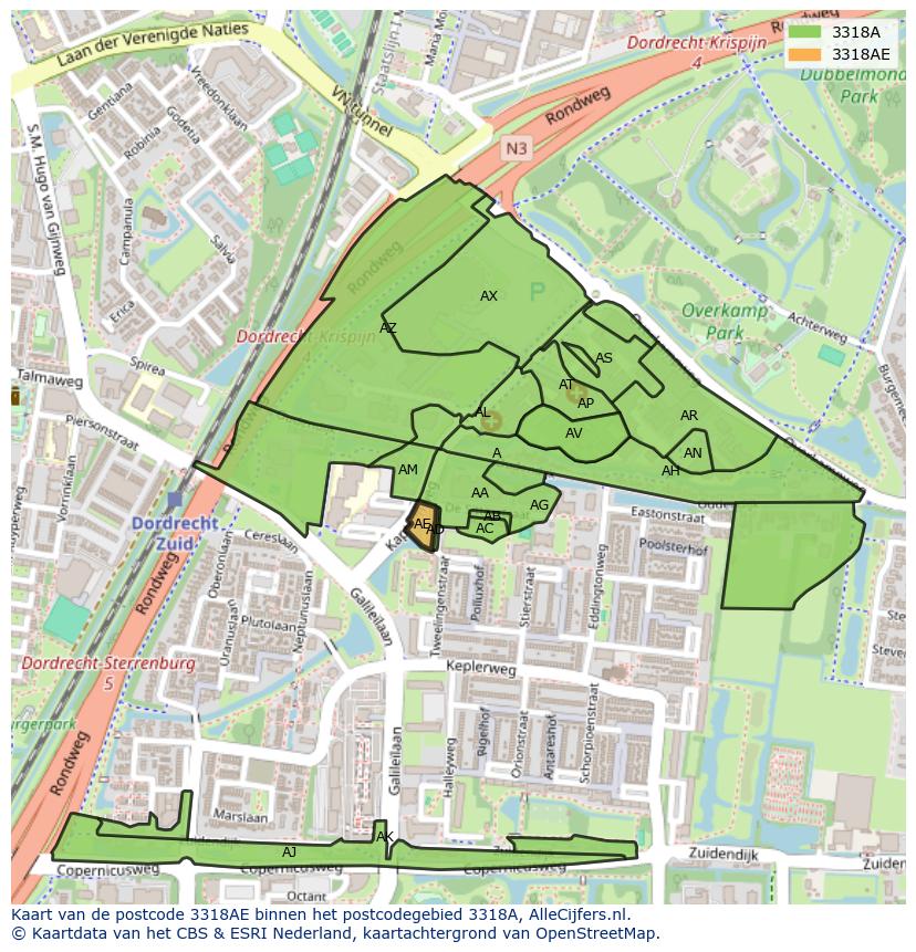 Afbeelding van het postcodegebied 3318 AE op de kaart.