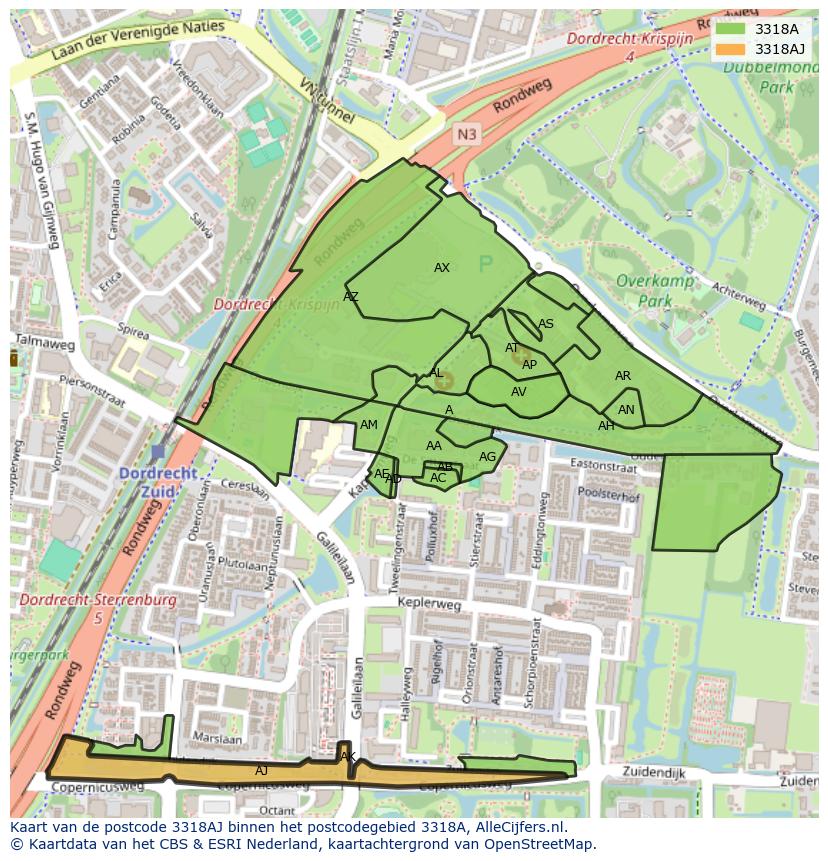 Afbeelding van het postcodegebied 3318 AJ op de kaart.