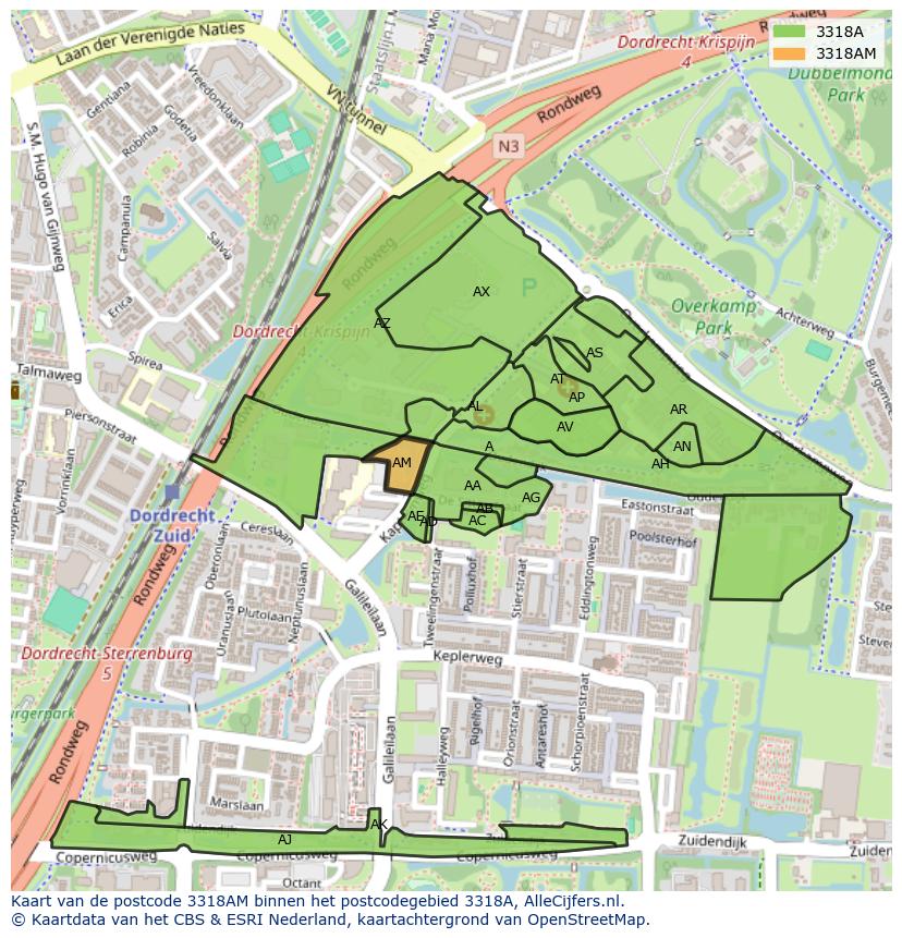 Afbeelding van het postcodegebied 3318 AM op de kaart.