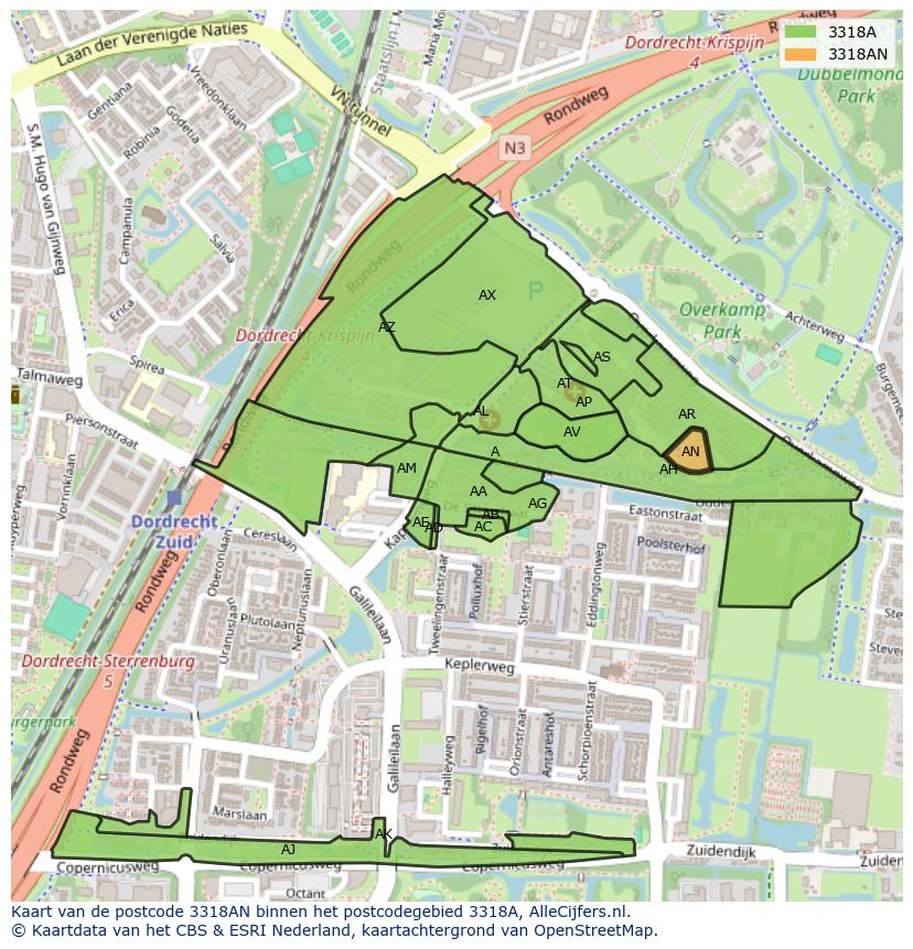 Afbeelding van het postcodegebied 3318 AN op de kaart.
