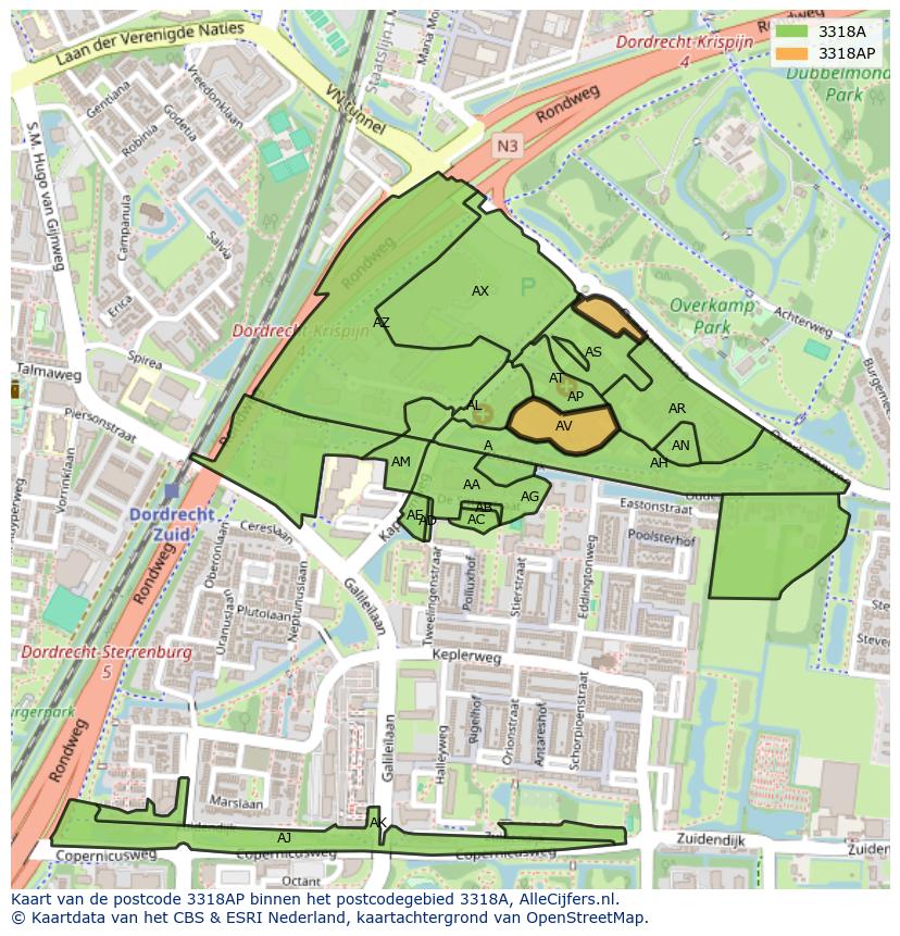 Afbeelding van het postcodegebied 3318 AP op de kaart.