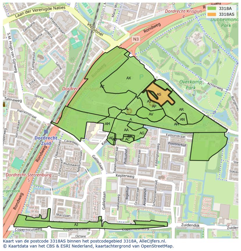 Afbeelding van het postcodegebied 3318 AS op de kaart.