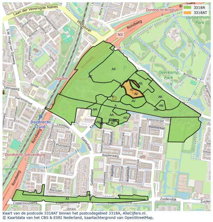 Afbeelding van het postcodegebied 3318 AT op de kaart.