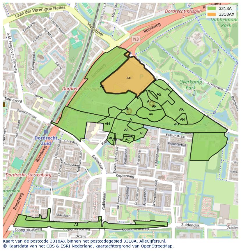 Afbeelding van het postcodegebied 3318 AX op de kaart.