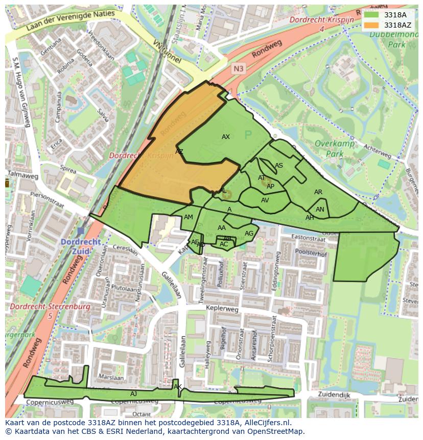 Afbeelding van het postcodegebied 3318 AZ op de kaart.