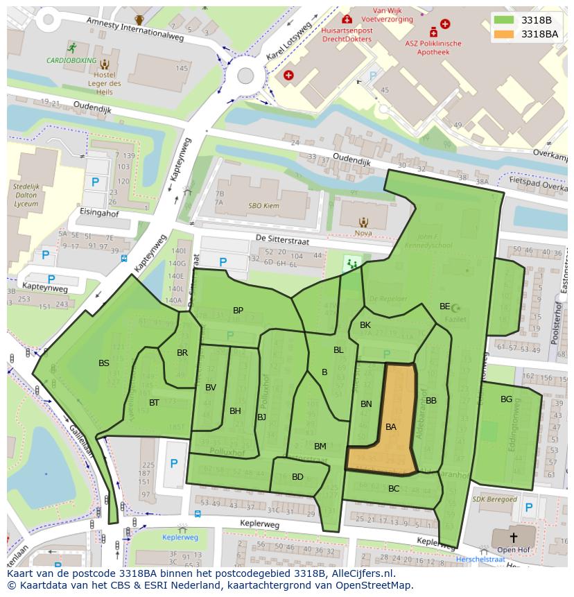 Afbeelding van het postcodegebied 3318 BA op de kaart.