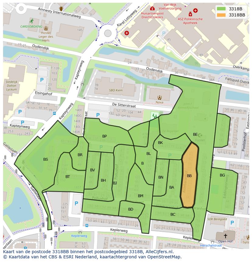 Afbeelding van het postcodegebied 3318 BB op de kaart.