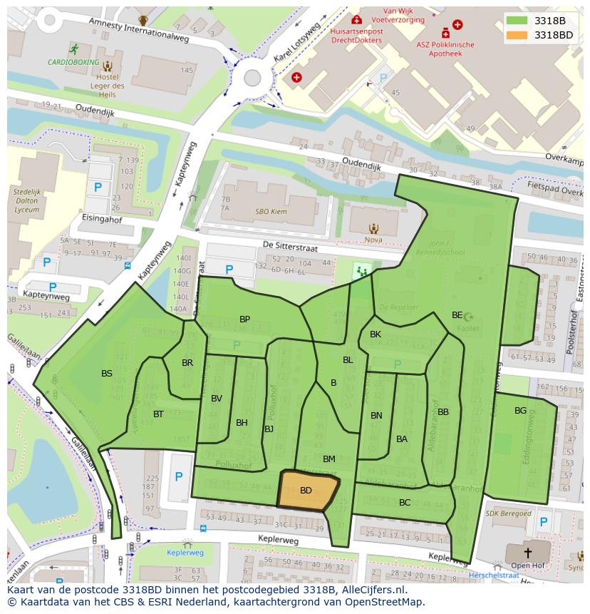Afbeelding van het postcodegebied 3318 BD op de kaart.