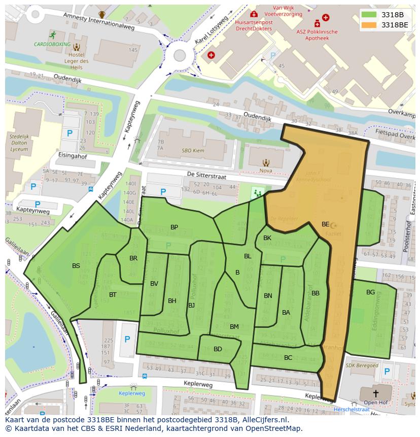 Afbeelding van het postcodegebied 3318 BE op de kaart.