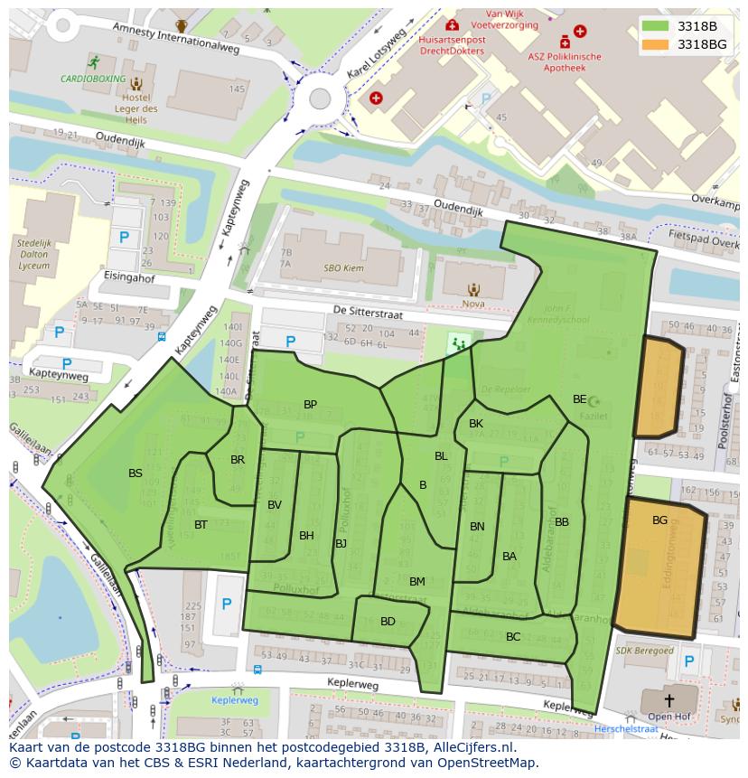 Afbeelding van het postcodegebied 3318 BG op de kaart.