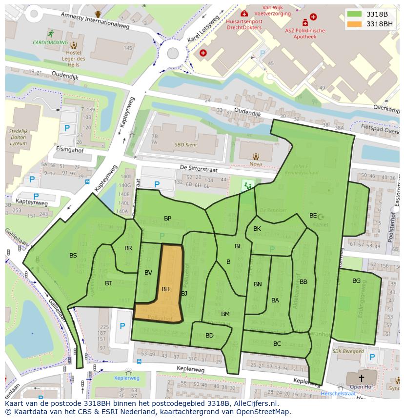 Afbeelding van het postcodegebied 3318 BH op de kaart.