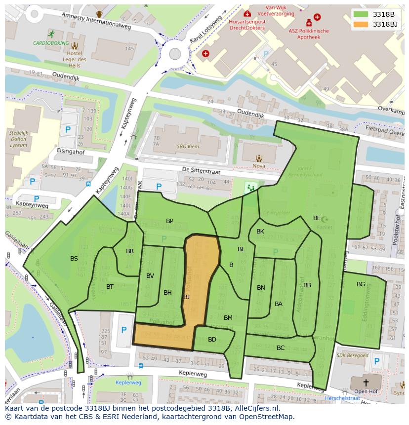 Afbeelding van het postcodegebied 3318 BJ op de kaart.