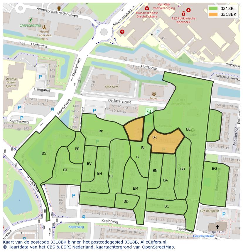 Afbeelding van het postcodegebied 3318 BK op de kaart.