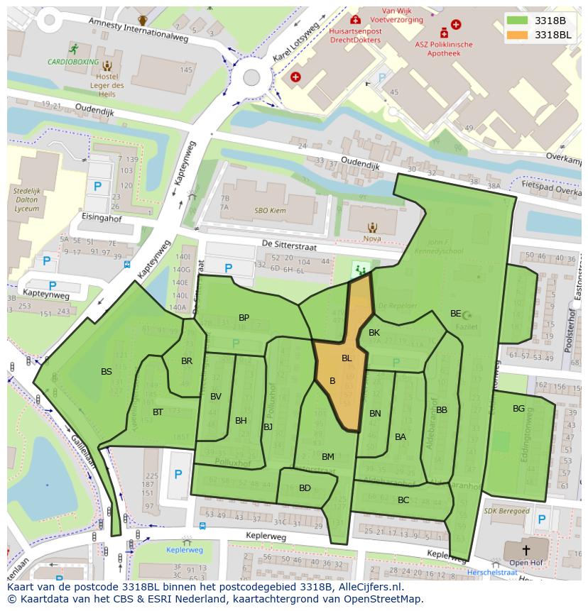 Afbeelding van het postcodegebied 3318 BL op de kaart.