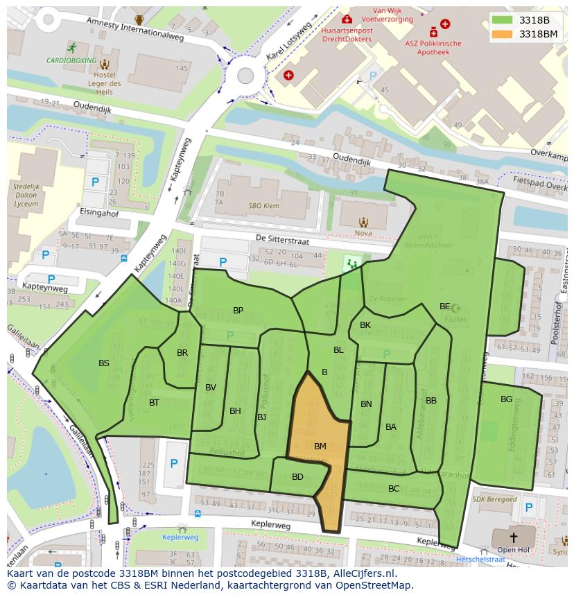Afbeelding van het postcodegebied 3318 BM op de kaart.