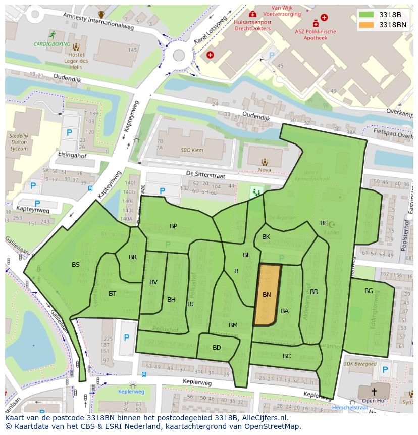 Afbeelding van het postcodegebied 3318 BN op de kaart.