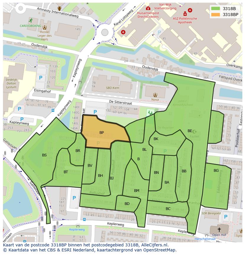 Afbeelding van het postcodegebied 3318 BP op de kaart.