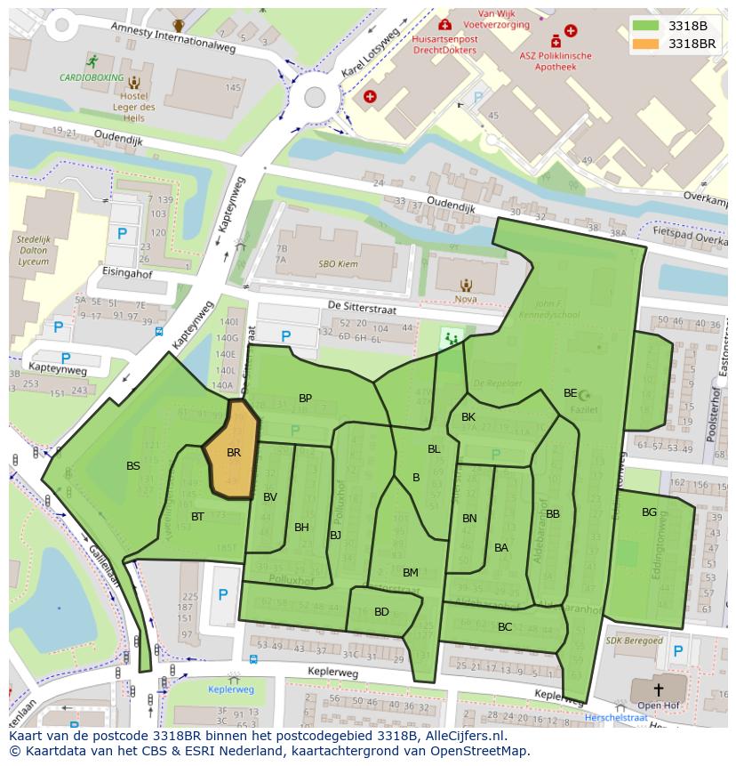 Afbeelding van het postcodegebied 3318 BR op de kaart.