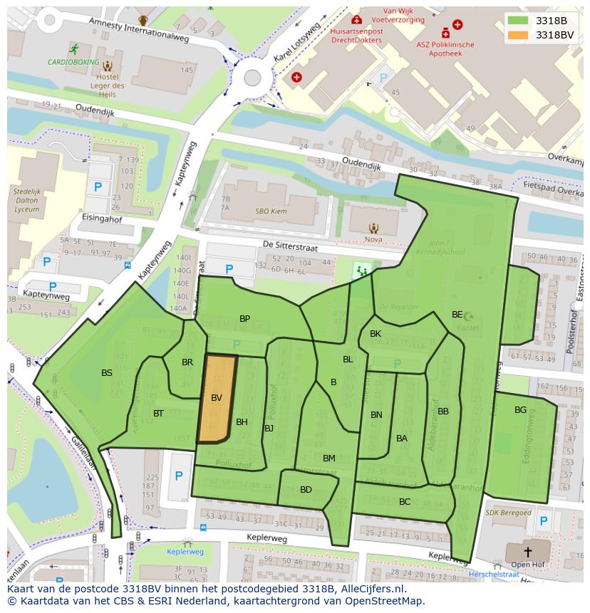 Afbeelding van het postcodegebied 3318 BV op de kaart.