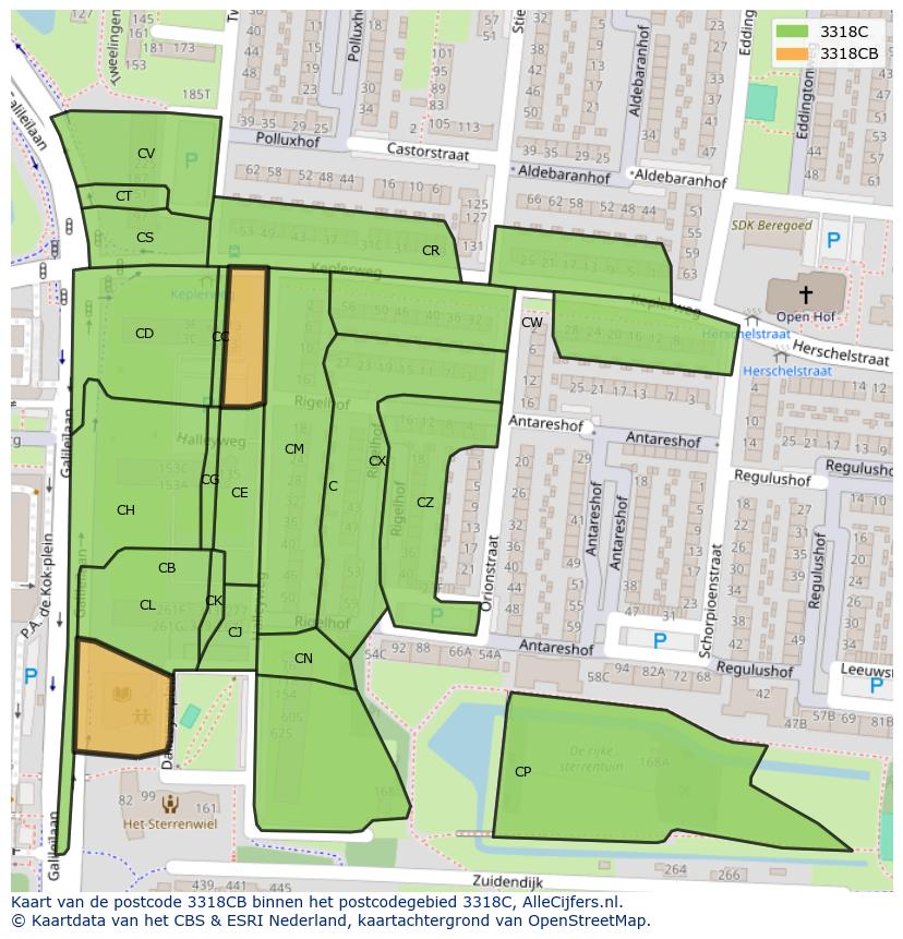 Afbeelding van het postcodegebied 3318 CB op de kaart.