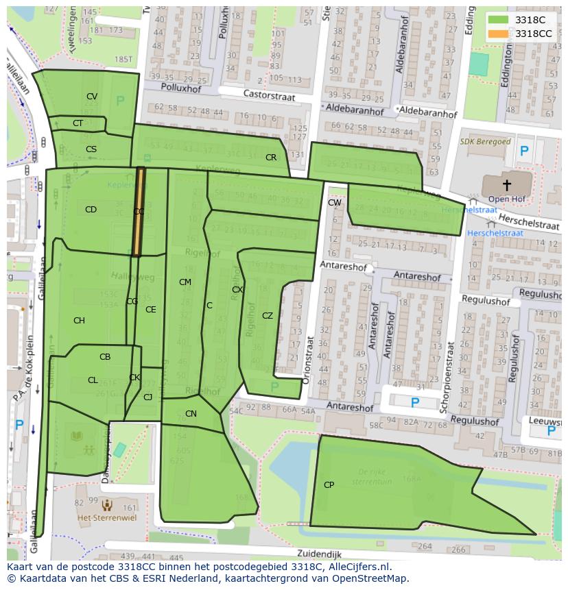 Afbeelding van het postcodegebied 3318 CC op de kaart.