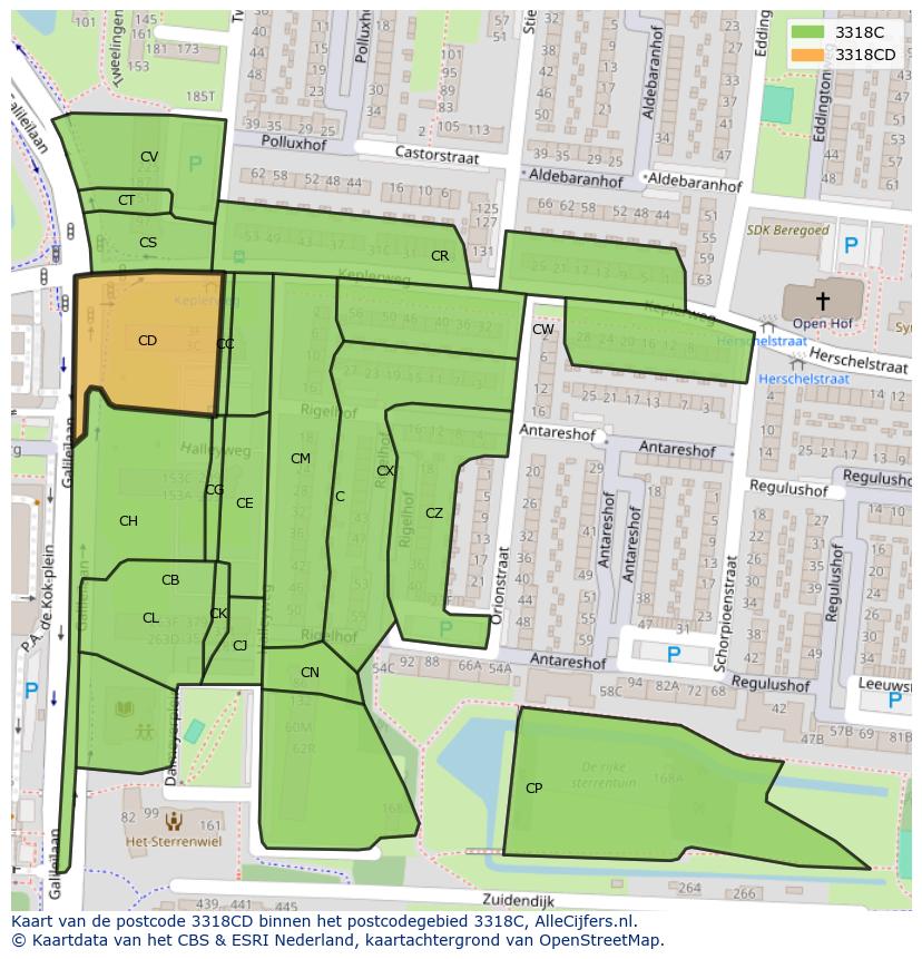 Afbeelding van het postcodegebied 3318 CD op de kaart.