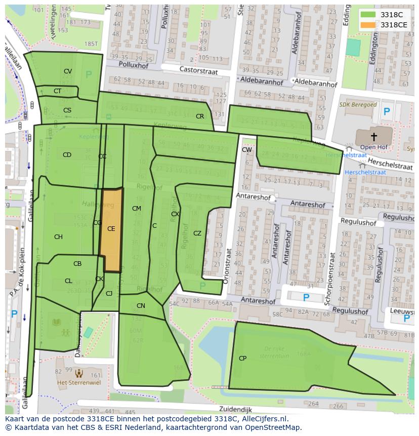 Afbeelding van het postcodegebied 3318 CE op de kaart.