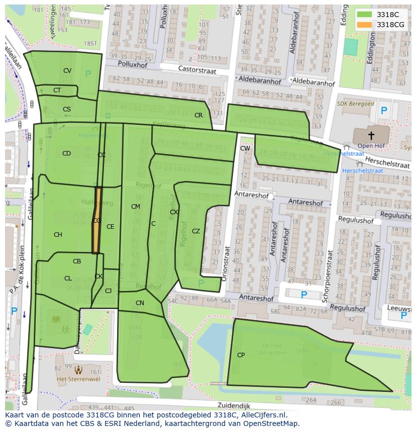 Afbeelding van het postcodegebied 3318 CG op de kaart.