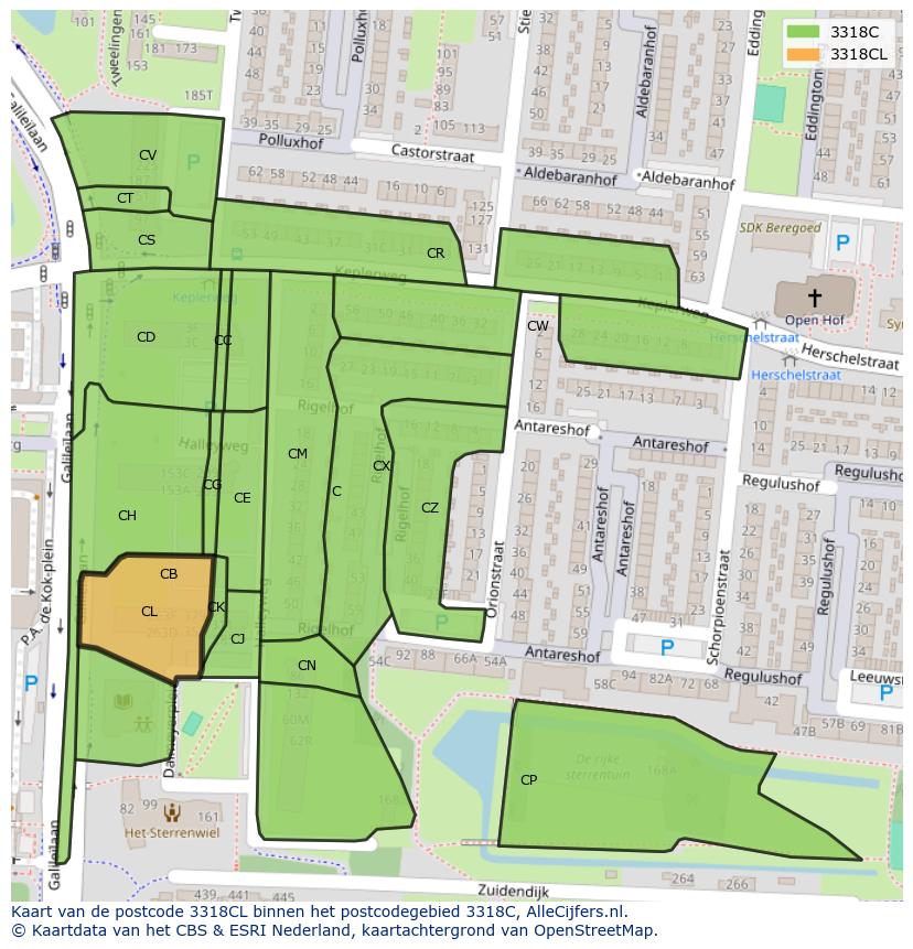 Afbeelding van het postcodegebied 3318 CL op de kaart.