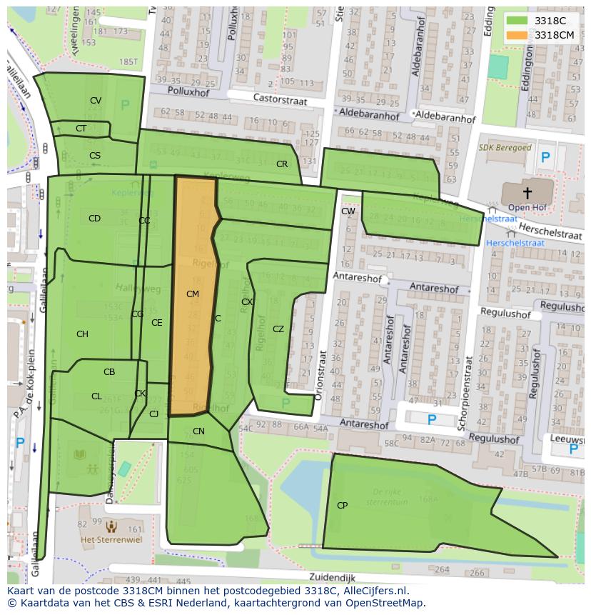 Afbeelding van het postcodegebied 3318 CM op de kaart.